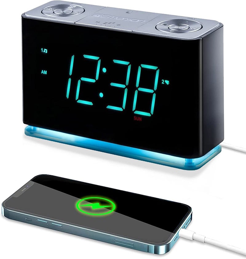 Emerson Smartset Alarm Clock Radio with Bluetooth Speaker with USB Port for iPhone/iPad/iPod/Android and Tablets, 1.4" Cyan LED Display and Night Light, ER100301 - Image 1
